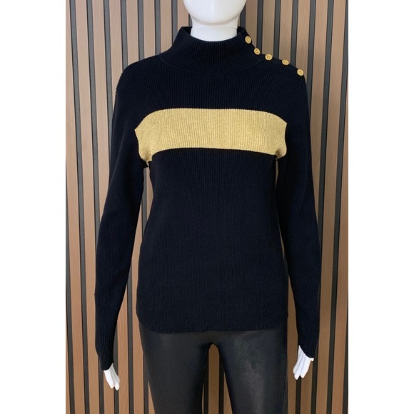 Lauren Ralph Lauren Sweaters - Lauren Ralph Lauren Women's Mock Neck‎ Sweater Black Gold Stripe Button L